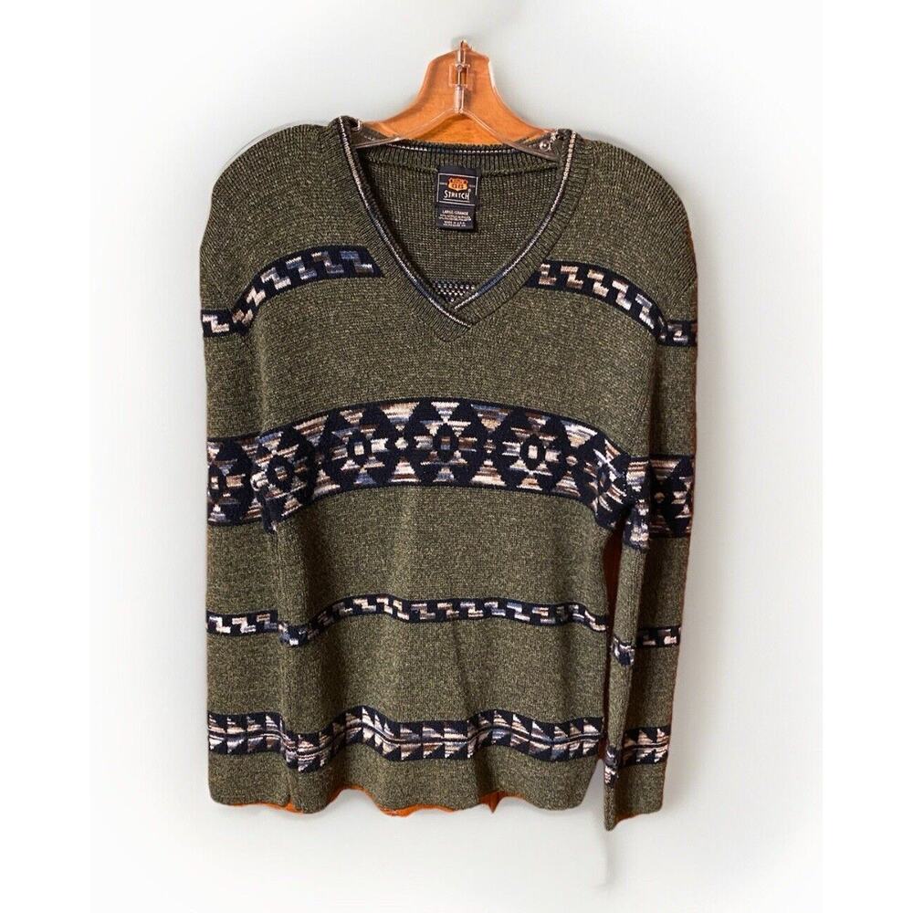 Vintage Route 66 Stretch Sweater Olive Green /Blue With Aztec Design Fitted LG